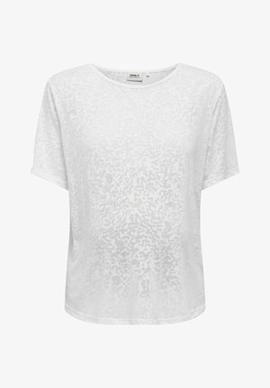 Top blanco de manga corta con un sutil patrón abstracto, cuello redondo y corte holgado. Fabricado en una tela ligera y transparente.