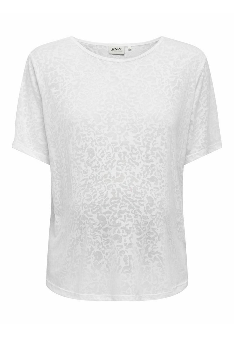 Top blanco de manga corta con un sutil patrón abstracto, cuello redondo y corte holgado. Fabricado en una tela ligera y transparente.