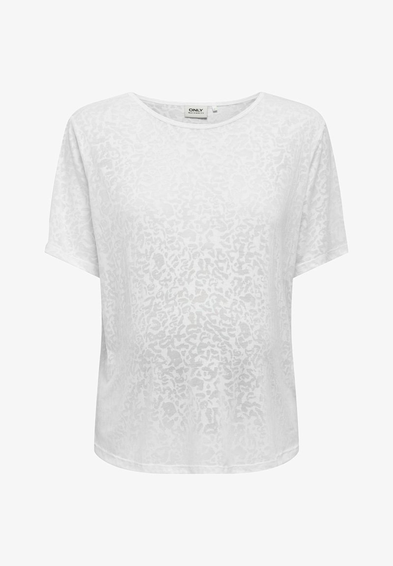 Top blanco de manga corta con un sutil patrón abstracto, cuello redondo y corte holgado. Fabricado en una tela ligera y transparente.