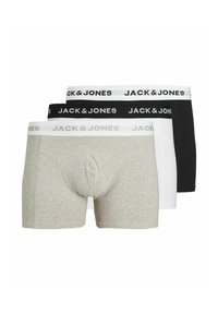 Drei Paare von Herren-Boxershorts in Grau, Weiß und Schwarz. Jede Shorts hat einen passenden, elastischen Bund mit "JACK & JONES" in Schwarz bedruckt.