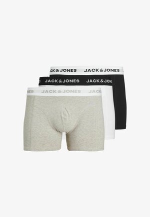 Three pairs of men's boxer briefs in gray, white, and black. Each features a matching elastic waistband with "JACK & JONES" printed in black.