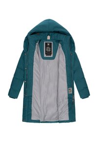 Teal puffer jacket with a hood, featuring a zipper and button closure. Interior lined in light gray, with a label on the inside.
