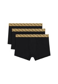 Black boxer briefs set of three with a gold patterned elastic waistband featuring a logo. Soft, stretchy fabric with a classic fit.