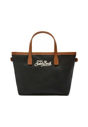 Borsa tote nera con manici e rifiniture in pelle marrone, con logo bianco "MC2 Saint Barth" al centro sulla parte anteriore.