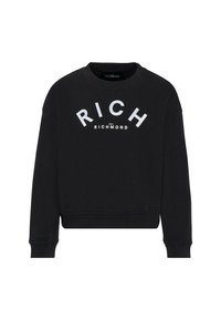 Felpa nera realizzata in morbido tessuto, con collo rotondo, maniche lunghe e testo bianco audace che recita "RICH" e "JOIN RICHMOND."
