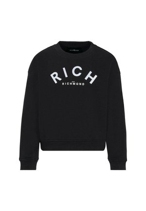 Sweatshirt noir en tissu doux, avec un col rond, des manches longues et un texte en blanc audacieux indiquant « RICH » et « REJOINS RICHMOND ». 