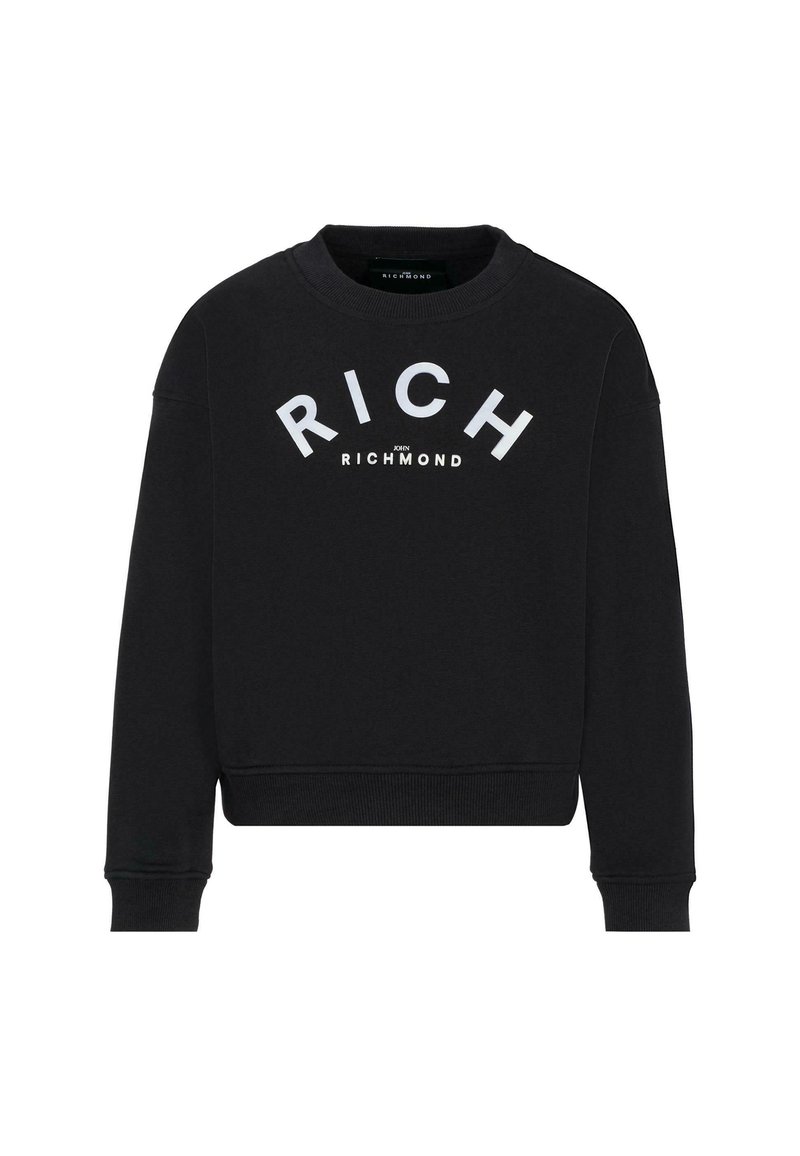 Felpa nera realizzata in morbido tessuto, con collo rotondo, maniche lunghe e testo bianco audace che recita "RICH" e "JOIN RICHMOND."