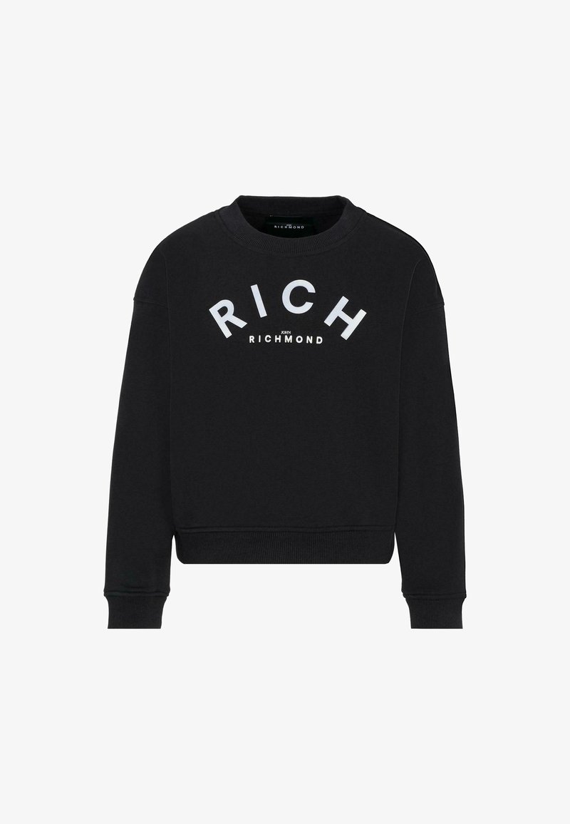 Felpa nera realizzata in morbido tessuto, con collo rotondo, maniche lunghe e testo bianco audace che recita "RICH" e "JOIN RICHMOND."