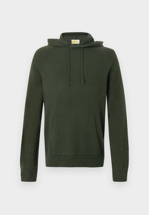 Olivgrüner Hoodie mit Kapuze mit Kordelzug, Fronttasche, gerippten Bündchen und Saum. Hergestellt aus weichem Material mit glatter Textur.