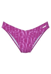Pink bikini bottom featuring a repeating letter pattern, smooth texture, and a low-rise cut. Includes a subtle logo accent.