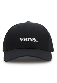 Cappellino nero con un design strutturato, caratterizzato da testo ricamato bianco "vans." sulla parte frontale e una visiera dritta. Superficie in tessuto testurizzato.