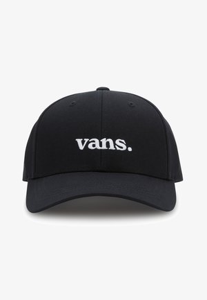 Gorra negra con un diseño estructurado, que presenta el texto bordado en blanco "vans." en la parte frontal y un visera recta. Superficie de tela texturizada.