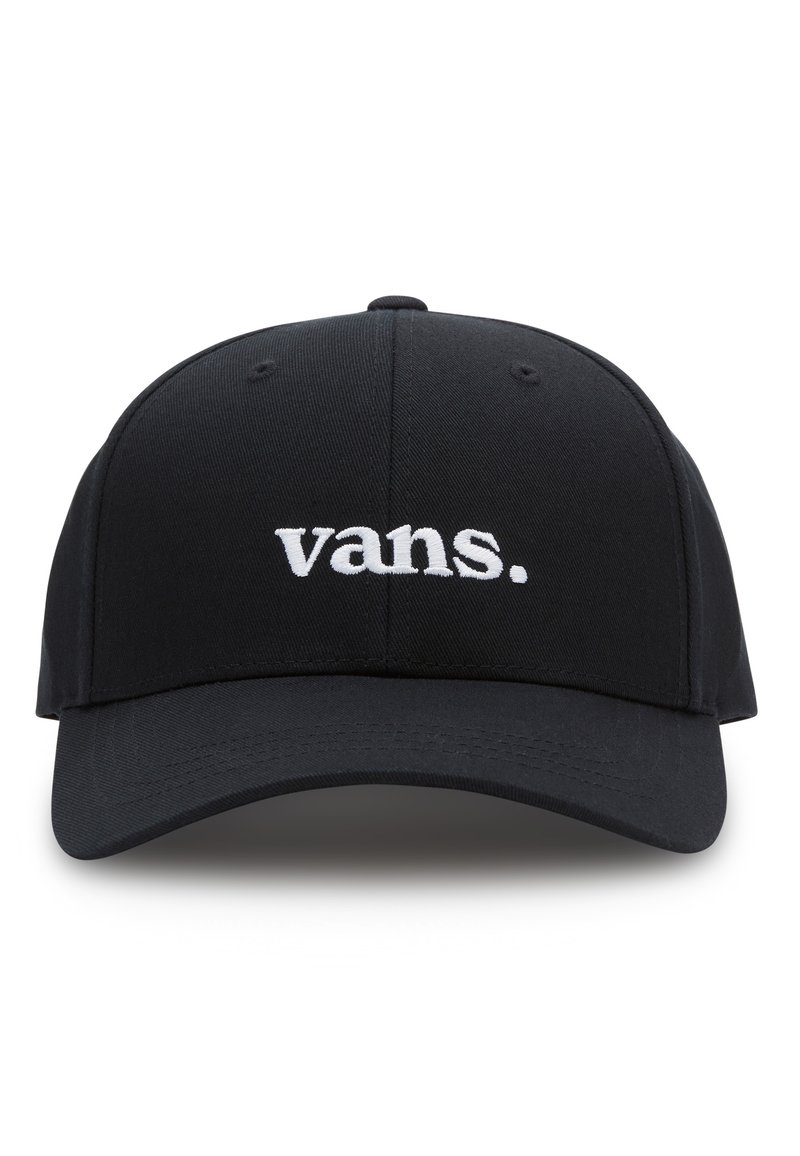 Cappellino nero con un design strutturato, caratterizzato da testo ricamato bianco "vans." sulla parte frontale e una visiera dritta. Superficie in tessuto testurizzato.