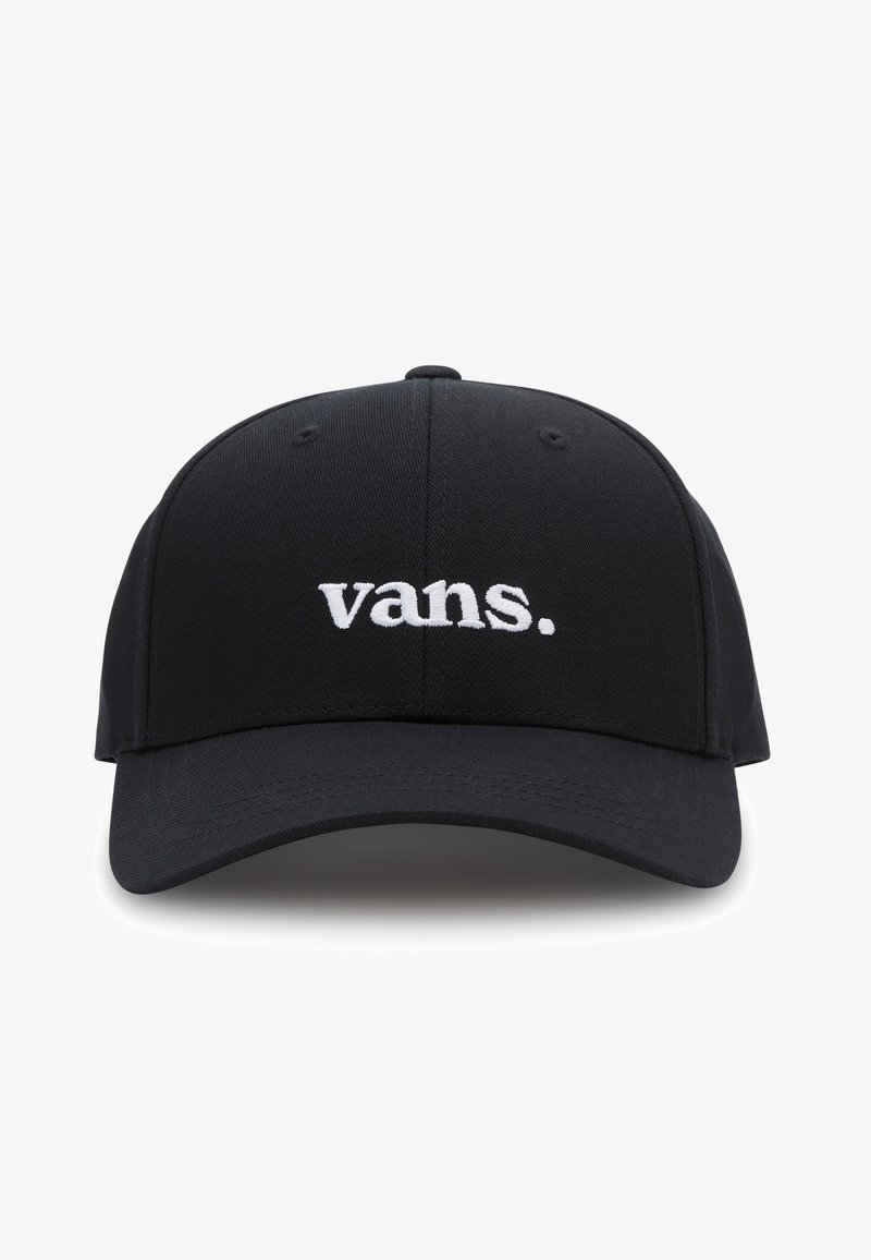 Black cap with a structured design, featuring white embroidered text "vans." on the front and a straight brim. Textured fabric surface.