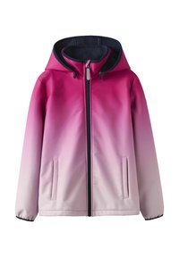 Leichte Jacke mit einem Verlauf von tiefem Rosa zu hellem Rosa, durchgehendem Reißverschluss, Kapuze und zwei Seitentaschen mit marineblauen Futter und Akzenten.