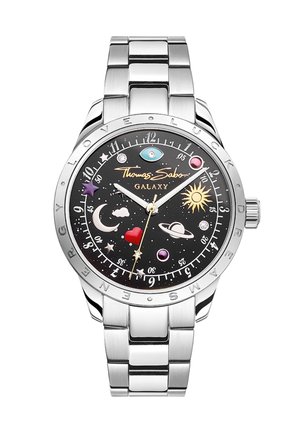 Orologio da polso in argento con quadrante nero decorato con stelle, sole, luna, cuore e pianeti, marca "Thomas Sabo Galaxy.".