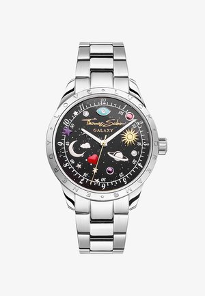 Orologio da polso in argento con quadrante nero decorato con stelle, sole, luna, cuore e pianeti, marca "Thomas Sabo Galaxy.".