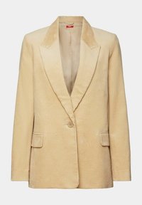 Veste en velours côtelé beige avec revers crantés, un bouton frontal unique, et deux poches à rabat, coupe ajustée.