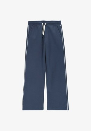 Granatowe szerokie spodnie dresowe z białymi paskami po bokach, elastycznym pasem, białym sznurkiem i przednimi kieszeniami.