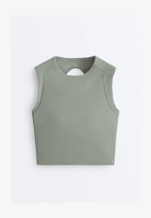 Crop top senza maniche a coste in verde smorzato con scollo rotondo e piccolo taglio a goccia sul retro, realizzato in tessuto elasticizzato.