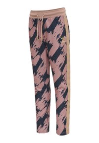 Pantalon de sport rose et noir à motif avec une taille beige et des bandes latérales présentant un logo Hummel doré sur la cuisse.