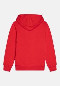 Felpa rossa realizzata in tessuto morbido. Presenta una tasca a marsupio, polsini a costine e un cappuccio con coulisse in una texture liscia.