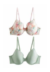 To sæt bh'er: en øverste med blomster mønster i pastelfarver og lyserøde stropper; en nederste i ensfarvet mintgrøn med glat tekstur og tynde stropper.