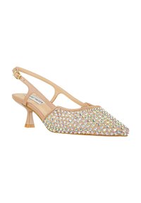 Spitze Slingback-Schuhe aus nude Leder mit Kristallverzierungen. Verfügt über einen niedrigen, transparenten Absatz und einen verstellbaren Knöchelriemen.