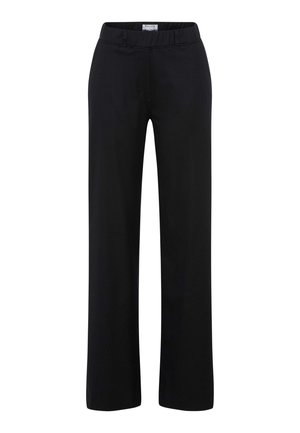 Pantaloni neri con design a gamba dritta, vita elasticizzata e texture del tessuto liscia. Nessun motivo visibile o dettagli hardware.