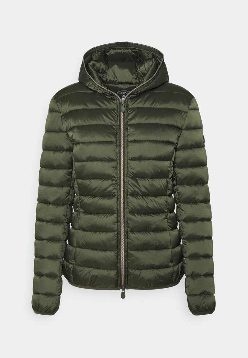 Veste matelassée en duvet vert foncé avec capuche, fermeture éclair complète à l'avant et manches longues, présentée sur un fond blanc uni.