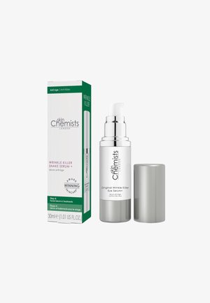SkinChemists Wrinkle Killer Snake Serum in a 30ml clear bottle with a silver pump and cap, accompanied by a white box featuring green accents.