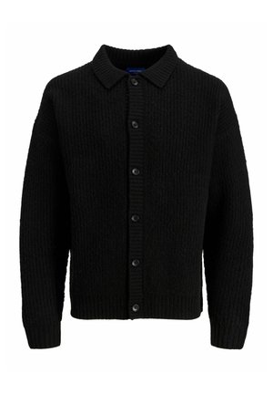 Schwarze Strickjacke mit Kragen, strukturiertem Muster, Knopfverschluss und gerippten Bündchen. Keine sichtbaren Logos oder Akzente.