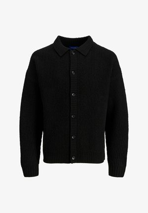 Schwarze Strickjacke mit Kragen, strukturiertem Muster, Knopfverschluss und gerippten Bündchen. Keine sichtbaren Logos oder Akzente.