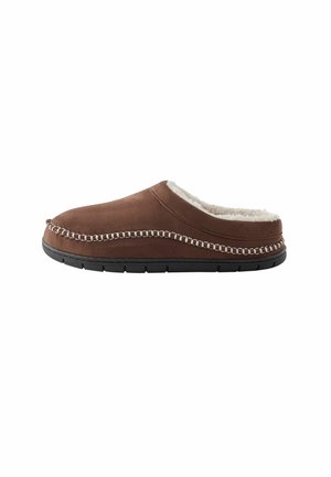 Brown slip-on slipper with white stitching detail, black sole, and soft white fleece lining inside.