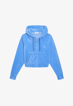 Hoodie bleu cropped en matériau doux avec fermeture éclair à l'avant, cordons de serrage et poches avant. Comprend un détail de logo brodé sur la poitrine.