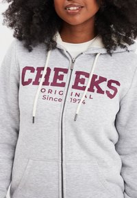 Sudadera gris con cremallera hecha de una tela suave, con una gran impresión en granate que dice "CREEKS ORIGINAL Desde 1974" y cordones blancos.