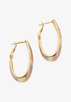 Ovalen oorringen met driekleurig goud, voorzien van sluitingen en een gladde, gepolijste afwerking.