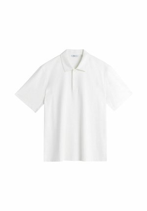 Hvid kortærmet poloshirt med krave og tre hvide knapper på slidse, ensfarvet design, vist fladt på hvid baggrund.