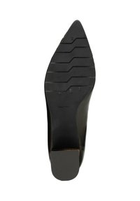 Scarpa nera in pelle con tacco alto, punta affusolata e suola in gomma caratterizzata da scanalature orizzontali e tacco quadrato per maggiore stabilità.