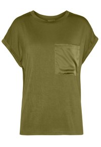 Olivově zelené tričko s krátkým rukávem, kulatým výstřihem a náprsní kapsou, s jemně strukturovanou tkaninou a volným střihem.