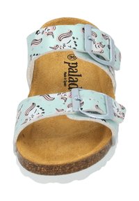 Birkenstock-inspirerade sandaler med en mintgrön syntetisk ovandel med ett mönster av enhörningar, korkfotbädd och två justerbara silverspännen.