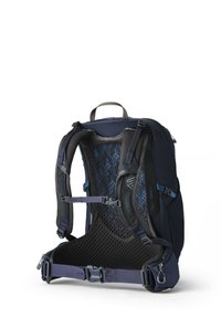 Sac à dos bleu marine avec un panneau arrière en mesh, des bretelles ajustables et un tissu résistant. Équipé de boucles et d'une poignée supérieure pour un transport facile.