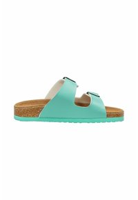 Teal slipper sandalen met twee verstelbare bandjes, kurken voetbed en een gestructureerde rubberen zool. Glad oppervlak met een matte afwerking.