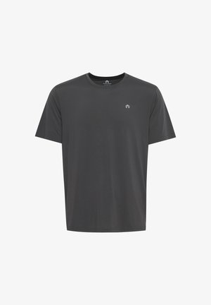 T-shirt a maniche corte grigio scuro realizzato in tessuto morbido. Presenta un collo rotondo e un piccolo logo sul lato sinistro del petto. Vestibilità casual, design minimale.