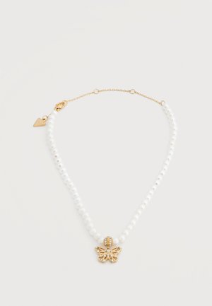 Necklace with small white pearls, gold chain clasp, and a gold butterfly pendant adorned with tiny pearls and crystals.