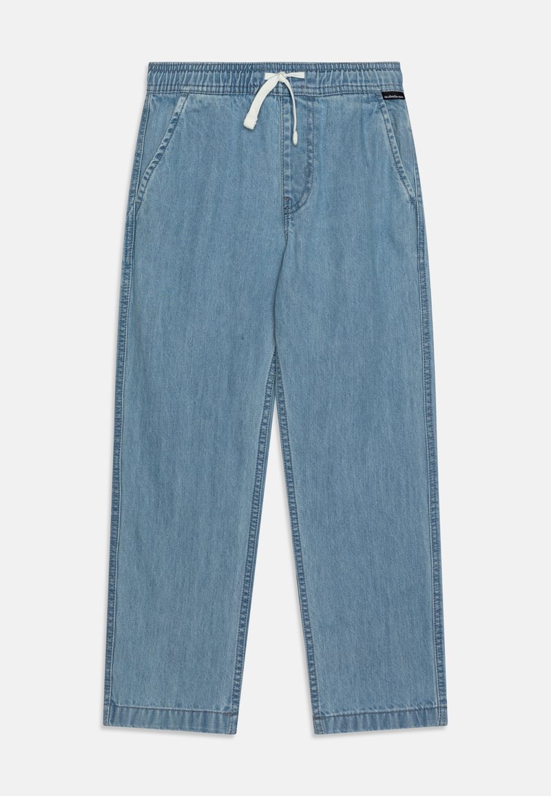 Světle modré džíny s elastickým pasem a šňůrkou. Obsahují boční kapsy a rovné nohavice. Texturovaný povrch.