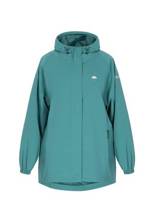 Blauwgroene waterafstotende jas met capuchon, elastische manchetten en een logo op de borst. Heeft een relaxte pasvorm en een langere zoom aan de achterkant.