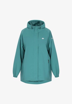 Blauwgroene waterafstotende jas met capuchon, elastische manchetten en een logo op de borst. Heeft een relaxte pasvorm en een langere zoom aan de achterkant.
