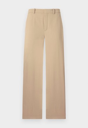 Beige trousers made of smooth fabric, featuring a straight-leg design, belt loops, and a subtle crease down the front for structure.