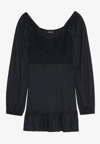 Blouse noire à manches longues avec encolure carrée, corsage smocké, manches légèrement bouffantes et ourlet à volants en bas.
